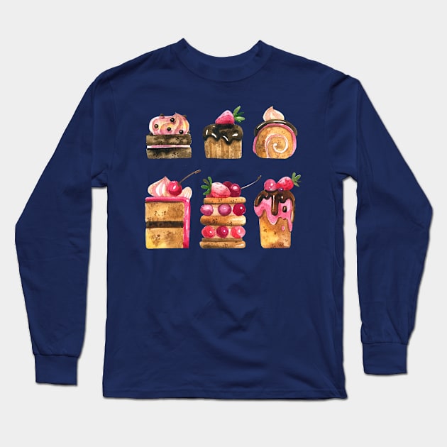 Delicious Watercolor desserts Long Sleeve T-Shirt by Mako Design 